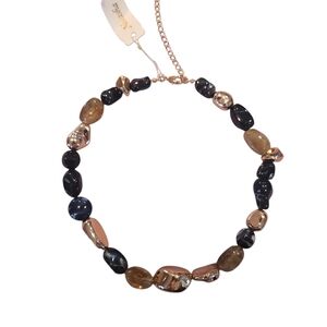 Natasha Couture Black and Gold Stone Look Pebble Boho Beaded Necklace
